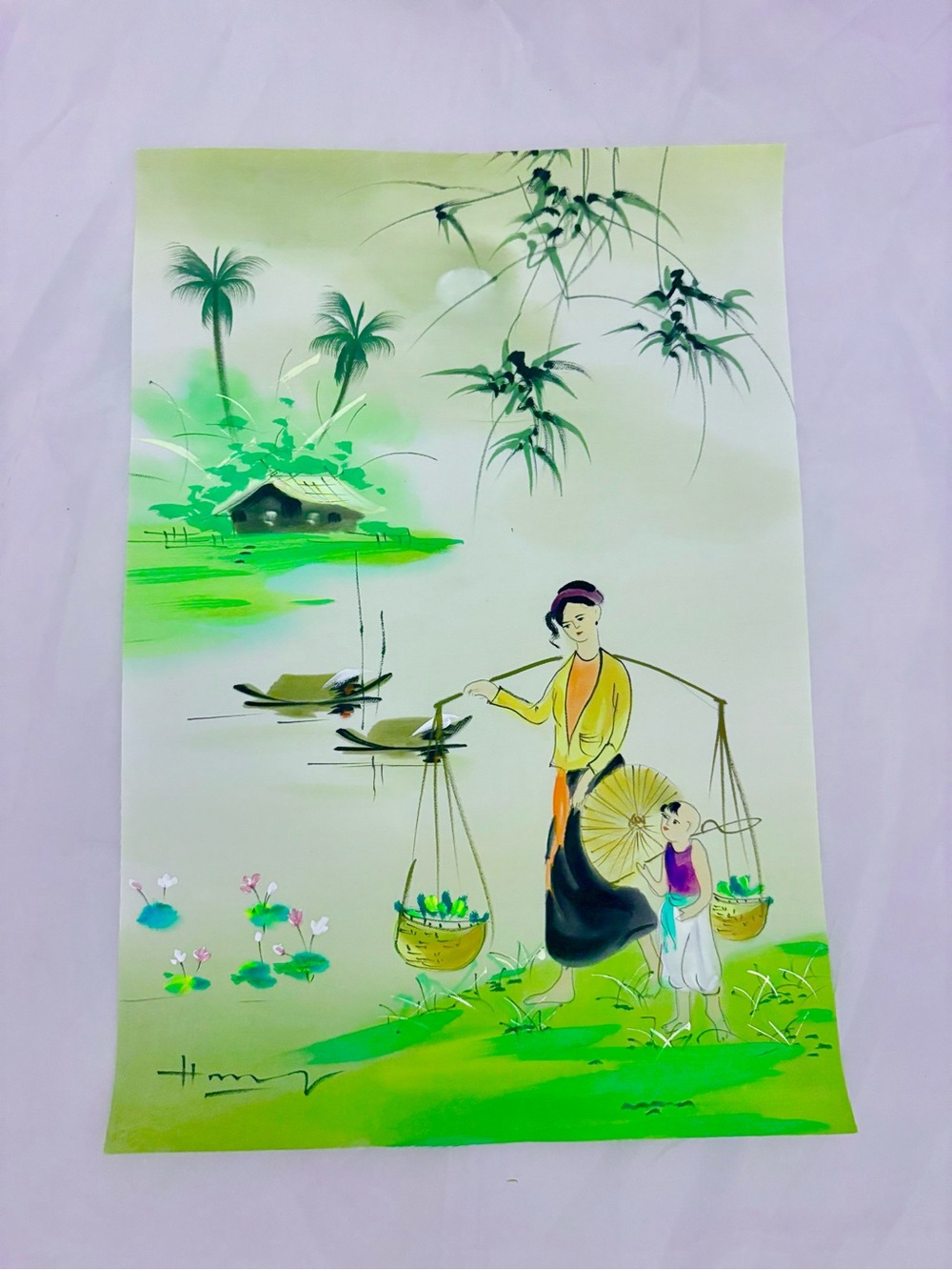 Hand-Painted Vietnamese Village Scene Wall Art in Green and Yellow